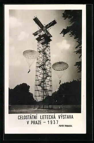 AK Praha, Celostatni Letecka Vystava 1937, Fallschirmsprung vom Turm