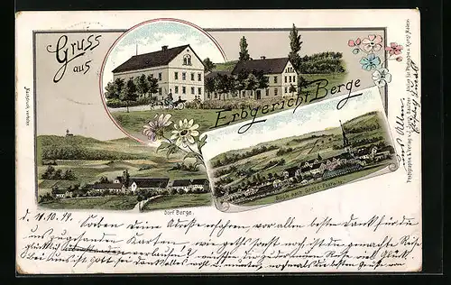 Lithographie Berge /Grosspostwitz, Gasthaus Erbgericht, Ortsansichten