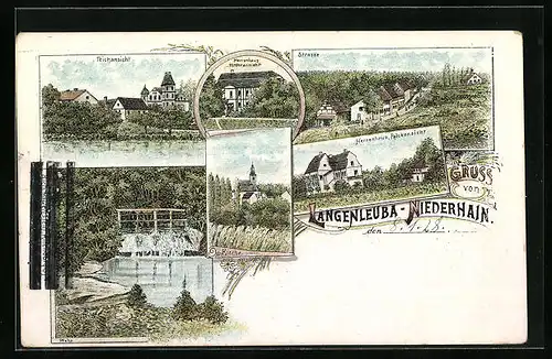 Lithographie Langenleuba-Niederhain, Teilansicht mit Strasse und Herrenhaus