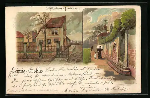 Lithographie Leipzig-Gohlis, Schillerhaus und Poetenweg