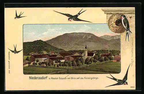 Lithographie Niederaudorf, Kloster Reisach mit Blick auf das Kaisergebirge mit geprägten Schwalben