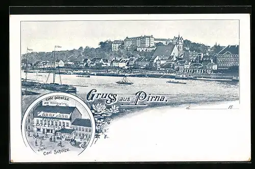 Lithographie Pirna, Ortsansicht mit Café Scholze