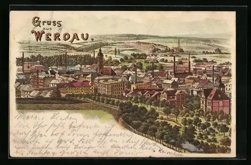 Lithographie Werdau, Ortsansicht aus der Vogelschau