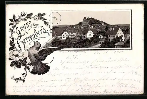 Vorläufer-Lithographie Herrenberg, Ortspartie aus der Vogelschau, 1895