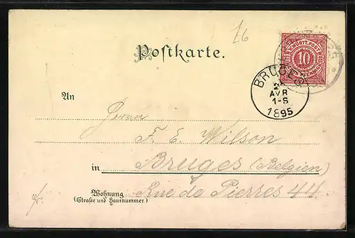 Vorläufer-Lithographie Herrenberg, Ortspartie aus der Vogelschau, 1895