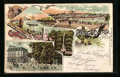 Lithographie Rendsburg, Drehbrücke, Lornsendenkmal, Hotel Green mit Jungfernstieg