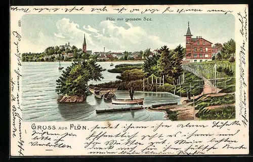 Lithographie Plön, Ortsansicht mit dem grossen See