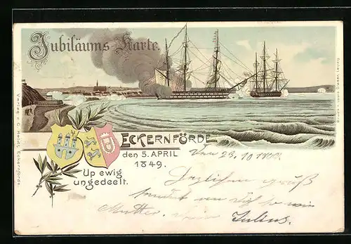 Lithographie Eckernförde, Szene eines Seegefechts zwischen zwei Segelschiffen
