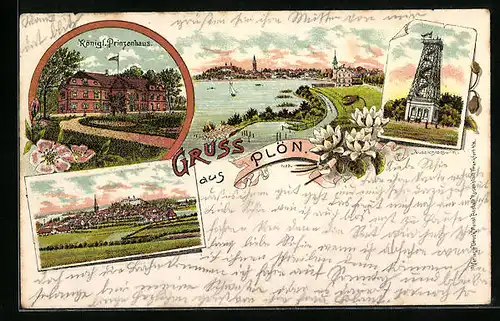 Lithographie Plön, Königliches Prinzenhaus, Aussichtsturm, Totalansicht