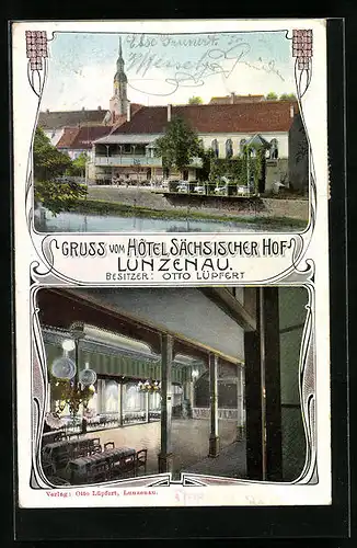 AK Lunzenau, Hotel Sächsicher Hof mit Innenansicht