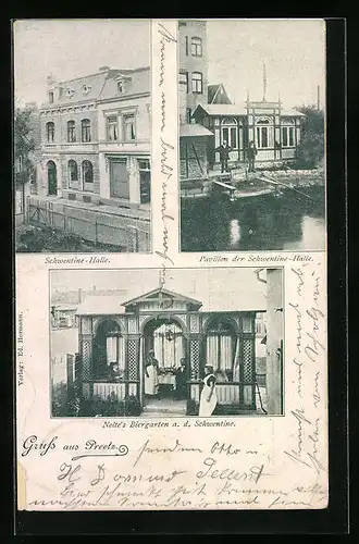 AK Preetz, Gasthaus Schwentine-Halle mit Pavillon, Nolte`s Biergarten a. d. Schwentine