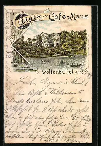 Lithographie Wolfenbüttel, Café-Haus mit Flusspartie