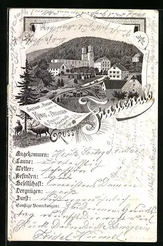 Lithographie Frauenalb, Gasthof und Pension zum König v. Preussen, Burganlage