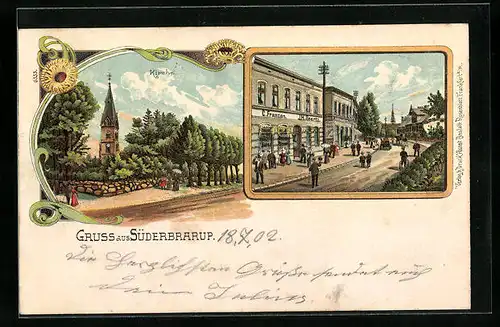 Lithographie Süderbrarup, Strassenpartie mit Geschäft von C. Franzen, Kirche