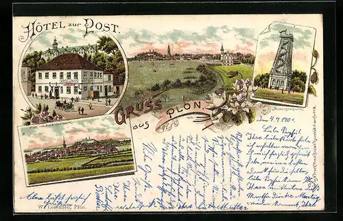 Glitzer-Perl-Lithographie Plön, Hôtel zur Post, Aussichtsturm, Teilansicht