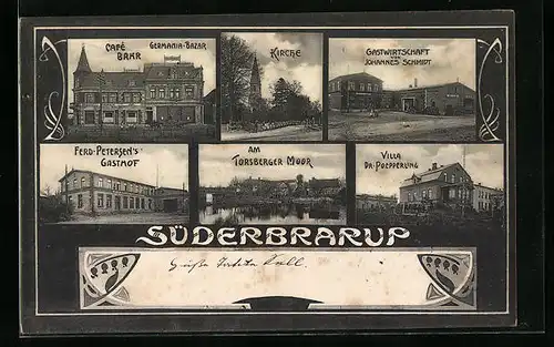 AK Süderbrarup, Café Bahr und Germania-Bazar, Gastwirtschaft von Johannes Schmidt, Ferd. Petersen`s Gasthof