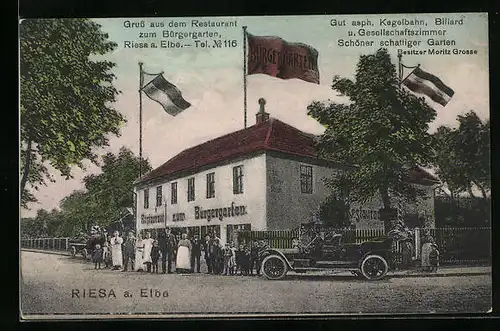 AK Riesa a. Elbe, Restaurant zum Bürgergarten mit Auto