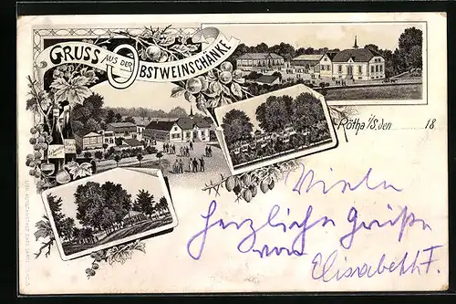 Lithographie Rötha i /S., Gasthaus Obstweinschänke, Pavillon, Ortspartie