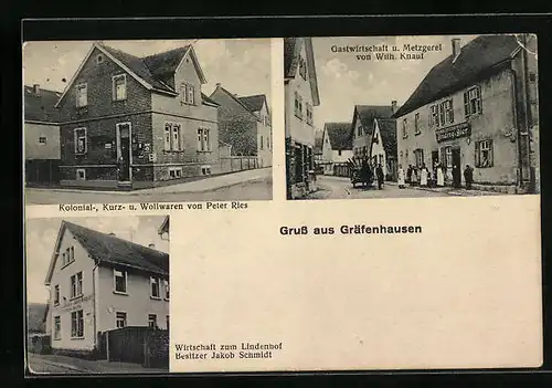 AK Gräfenhausen, Gasthaus und Metzgerei von Wilh. Knauf, Gasthaus zum Lindenhof, Kolonialwarenhandlung von Peter Ries