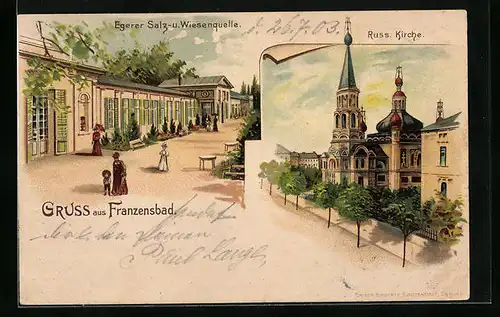 Lithographie Franzensbad, Russische Kirche, Egerer Salz- u. Wiesenquelle