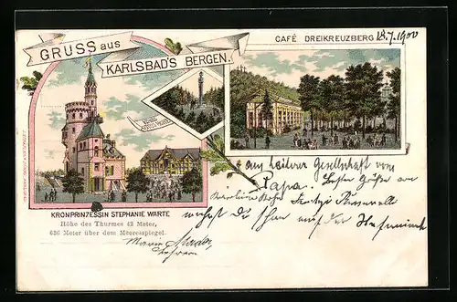 Lithographie Karlsbad, Kronprinzessin Stephanie Warte, Café Dreikreuzberg