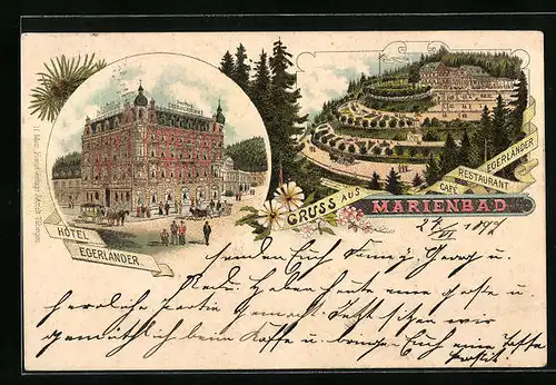 Lithographie Marienbad, Hôtel Egerländer, Café Restaurant Egerländer