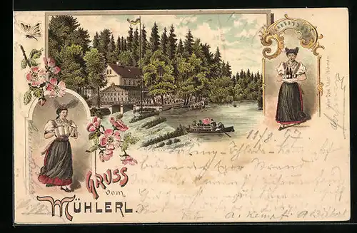 Lithographie Eger, Gasthaus Mühlerl mit Ruderpartie