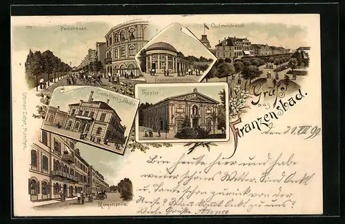 Lithographie Franzensbad, Parkstrasse, Theater, Cartellieris Bäder