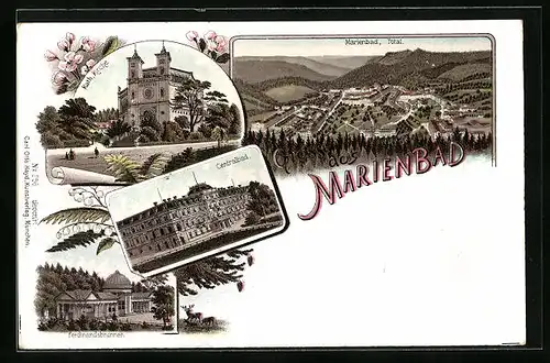 Lithographie Marienbad, Ortsansicht, Katholische Kirche, Centralbad, Ferdinandsbrunnen