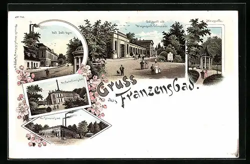 Lithographie Franzensbad, Salzquell und Wiesenquell-Colonnade, Neuquelle