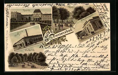Lithographie Franzensbad, Kaiserbad, Cafe Hübner, Salz- u. Wiesenquelle
