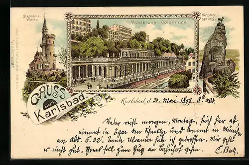 Lithographie Karlsbad, Mühlbrunn-Colonnade, Stephanie-Warte, Hirschensprung