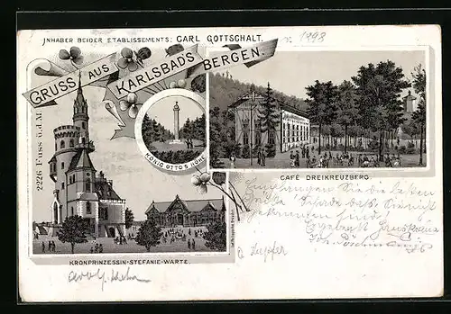 Lithographie Karlsbad, Kronprinzessin-Stefanie-Warte, Café Dreikreuzberg