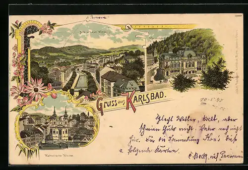 Lithographie Karlsbad, Alte u. neue Wiese, Kaiserbad, Katholische Kirche