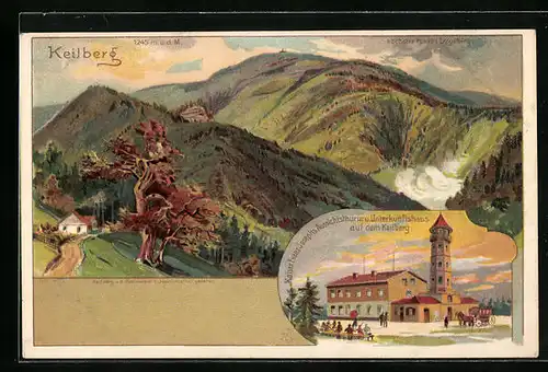 Lithographie Keilberg, Ausblick mit Kaiser Franz Josephs-Aussichtsturm und Unterkunftshaus