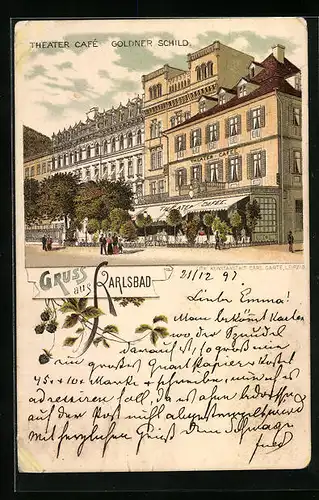 Lithographie Karlsbad, Theater Café Goldner Schild mit Strassenpartie