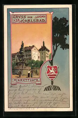 AK Karlsbad, Marktplatz in der Dämmerung