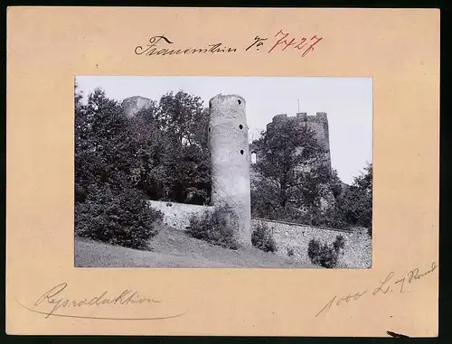 Fotografie Brück & Sohn Meissen, Ansicht Frauenstein i. Erzg., Blick auf die Ruine und den Aussichtsturm
