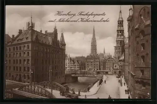 AK Hamburg, Freihafenpartie mit Nikoklai- und Katharinenkirche