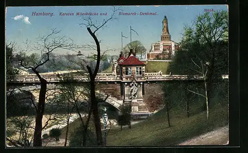 AK Hamburg-St.Pauli, Kersten Milesbrücke und Bismarck-Denkmal