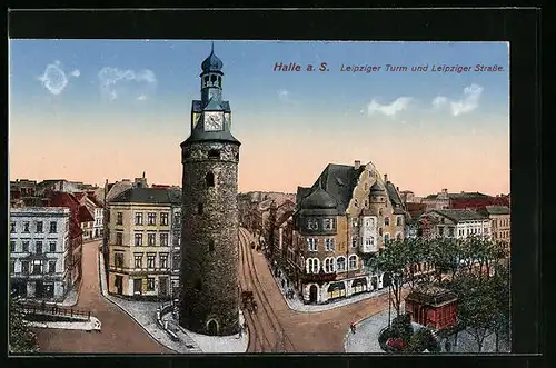 AK Halle a. S., Leipziger Turm und Leipziger Strasse aus der Vogelschau