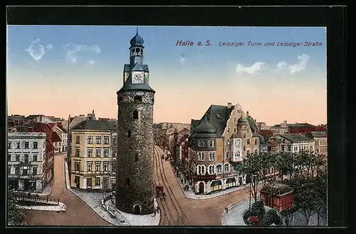 AK Halle a. S., Leipziger Turm und Leipziger Strasse aus der Vogelschau