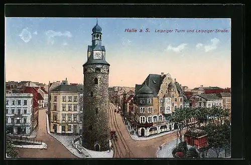 AK Halle a. S., Leipziger Turm und Leipziger Strasse aus der Vogelschau