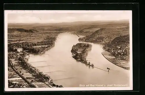 AK Bad Honnef, Blick auf den Ort und die Insel Nonnenwerth aus der Vogelschau