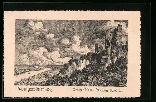 Künstler-AK Königswinter a. Rh., Drachenfels mit Blick ins Rheintal