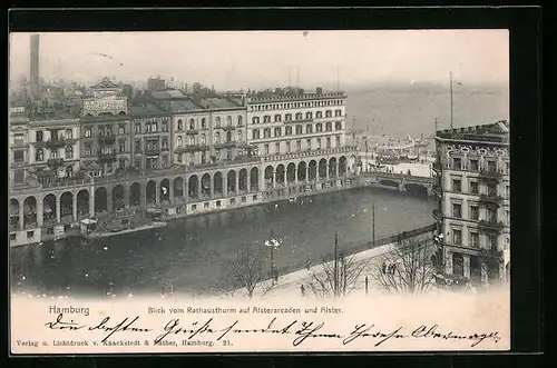 AK Hamburg, Blick vom Rathausthurm auf Alsterarcaden und Alster