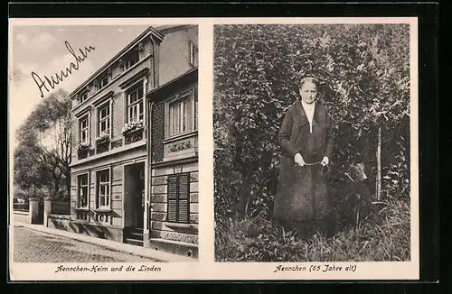 AK Bad Godesberg, Aennchen-Heim und die Linden mit Aennchen im Alter von 65 Jahren