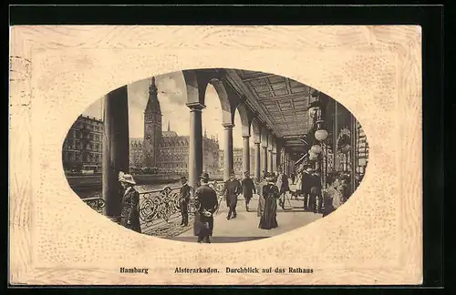 Präge-AK Hamburg, Alsterarkaden mit Durchblick auf das Rathaus