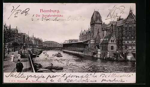 AK Hamburg, Die Jungfernbrücke mit Uferpartie