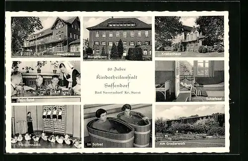 AK Bad Sassendorf /Soest, Kinderheilanstalt Sassendorf, Knabenhaus, beim Spiel, Heilgymnastik, Schlafsaal, im Solbad